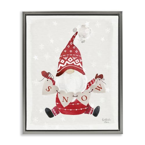 'Holiday Snow Banner Patterned Red Garden Gnome'| Floating Frame Canvas Art