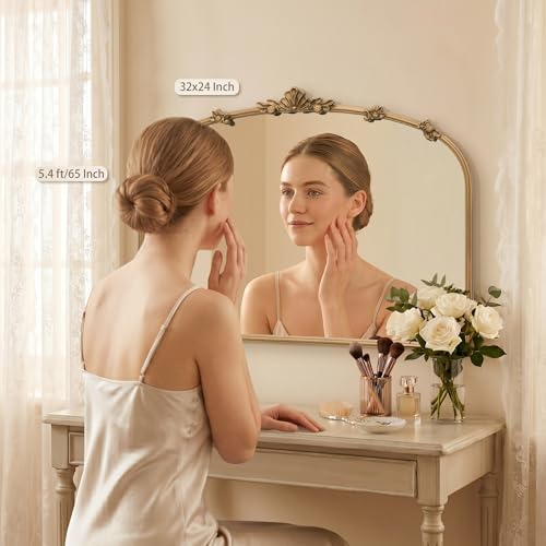 Image of Besdomus Vintage Gold Mirror for Vanity: 32 inchx24 inch Traditional Arched Mirror | French Baroque Antique for Wall /Mantel /Bedroom /Entryway /Bathroom /Hallway - Ideal for Fashion- Conscious