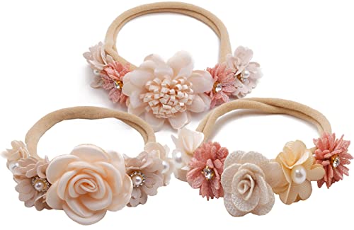 Utaly Flower Headband for Baby Girls 3pcs Elastic Baby Girl Floral Crown Newborn Infant Toddler Hair Accessories