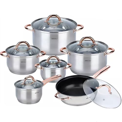 Kinghoff Topfset Induktion 12-teiliges mit Pfanne und Kasserolle, Kochtopf Set mit Glasdeckel, Kochgeschirr aus Edelstahl mattiert, Töpfe Set, Geeignet für alle Herdarten, Spülmaschinenfest