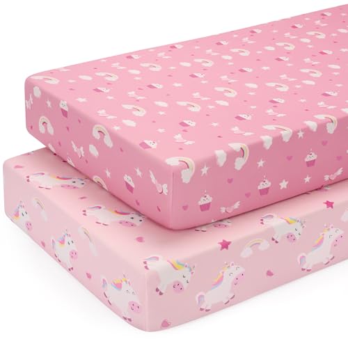 Yukkidds Cot Sheets 140 x 70cm Fitted Cot Bed Sheets 2 Pack Toddler Bed Sheets Super Soft & Breathable Microfiber Pink Unicorn