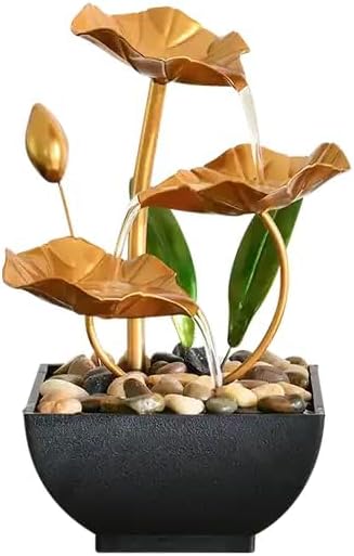 V TRIVYOM Metal Tabletop Water Fountain - Decor Ornaments with Waterfall Desktop Lotus Fountains, Deep Basin and Natural River Rocks, Indoor Relaxation for Office, Bedroom Decor Item (Golden, 1 PCS)