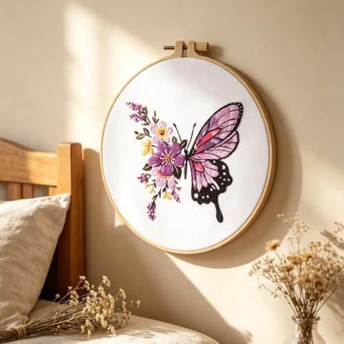 Image of Embroidery Starter Kit for Adult Beginner with Butterfly Flower Pattern