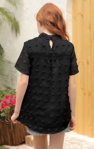 Girls Cute Dot Chiffon Blouses Short Sleeve V Neck Loose Shirts Soft Casual Summer Tops 4-5T S-Black #TOP4