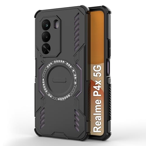 Image of amazon basics Back Case Cover for Realme P4x 5G | Magnetic Case with Built-in Metal Ring | Supports MagSafe Charger, Wallet & Car Mount | Shockproof Hybrid PC + TPU | Black