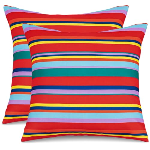 Poise3EHome Outdoor Throw Pillow Covers Set of 2 18X18,Water Repellent Indoor Decorative Pillow Covers for Living Room, Couch, Patio, Spring, Summer, Red Color Stripe