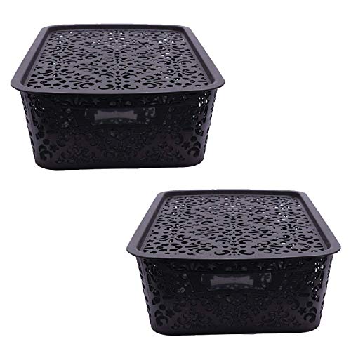 Image of Cutting Edge Essentials Plastic Storage Baskets /Shelf /Turkish Rack with Lid - Set of 2 for Fruit Vegetable Bathroom Stationary Home Basket with Handle (Black, Medium)