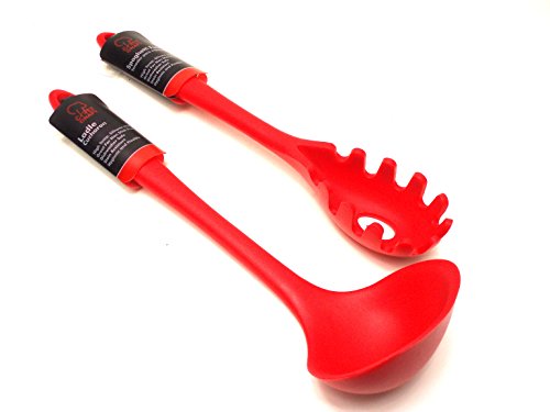 Premium Silicone Spaghetti Pasta Fork & Ladle 2-Piece Set (Red)