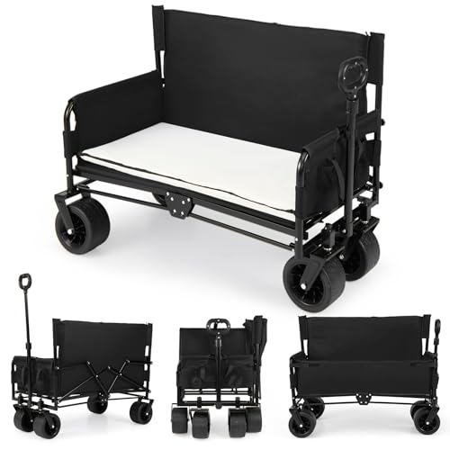 COSTWAY 2-in-1 Wagon Bench Seat Combo Collapsible Folding Trolley Cart with Adjustable Push/Pull Handle Cushions & All-Terrain Wheels Outdoor Transport Pull Along Carts for Camping Shopping (Black)