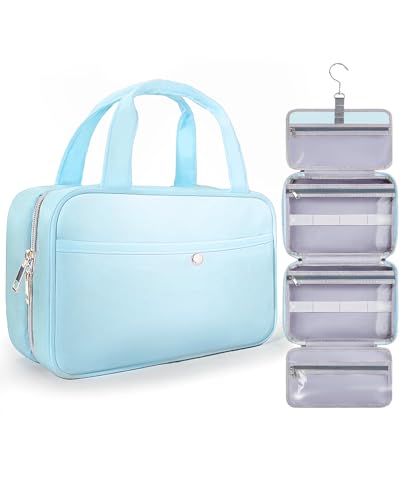 Chakipee Neceser de Viaje Colgante para Mujer – Necessaire Impermeable con Ventana Transparente, Desplegable Compartimentos Bolsa de Aseo Ligera para Makeup, Champú y Artículos Azul, Mediano