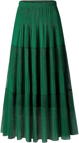 Furpazven Maxirock Rock Lang Damen Skirt Bohemien Sommerrock Hohe Elastische Taille Plissierter Elegant A-Line Sommer Maxi Rock Röck Grün L