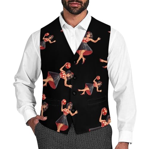 Pin Up Girl Bowling Ball Mens Slim Fit Suit Vest Dress Waistcoat Casual Business Vest