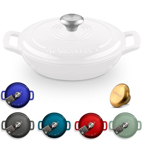 ROSSALLINI Signature Braiser de hierro fundido esmaltado, cacerola antiadherente con tapa hermética para asar, hornear, saltar, agarrar y freír | 2,1 l – Blanco