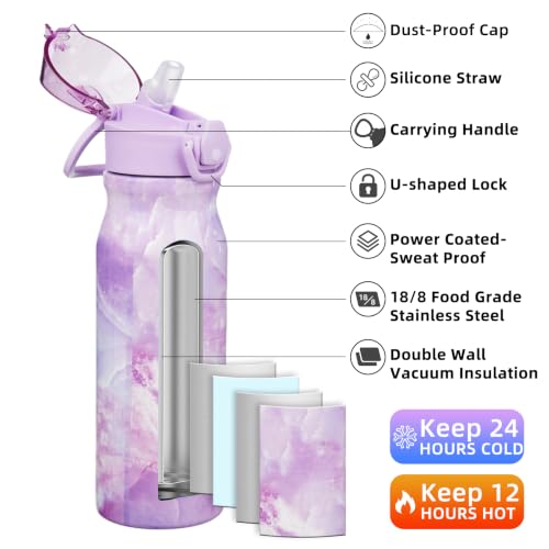 Image of BJPKPK 25 oz Insulated Water Bottle, Straw, Handle, Stainless Steel Flask | Leak Proof Locking Lid, Thermal, Double Wall Vacuum, Keeps Hot /Cold, BPA Free, Travel & Sports, Dawn