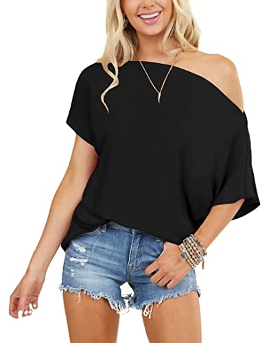 LEEDYA Women Off Shoulder Tops Short Sleeve T-Shirts Loose Blouses Oversized Tunic Tops2