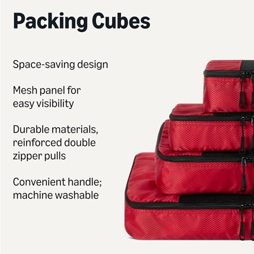Image of Amazon Essentials 4-Piece Packing Cubes Travel Accessories Set, Luggage Organizer, Double Zipper, Mesh Top, Space-Saving Suitcase Organizer, Small /Medium /Large /Slim, Red (Previously Amazon Basics)