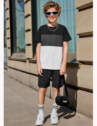 Image of Arshiner Boys' 2-Piece Cotton Outfit Color Block T-Shirt and Shorts Set Summer Camo Clothes for Kids 5-14 Years