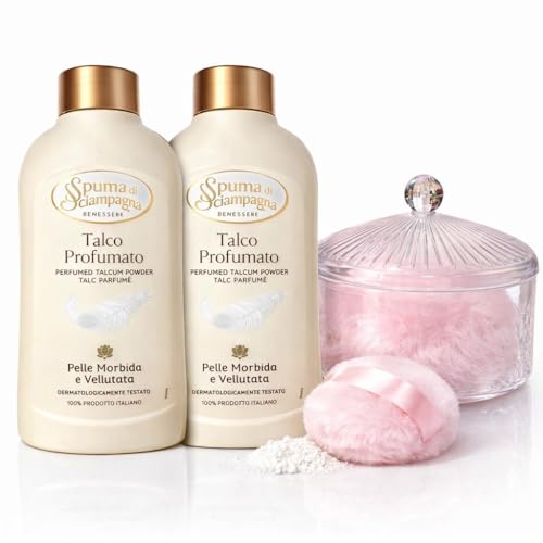 Spuma di Sciampagna Kit Talco Profumato 2 x 200g con Porta Cipria e Piumino, Polvere Corpo, Profumazione Classica, Set Bellezza Donna - Pelle Morbida e Vallutata