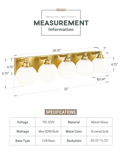 Image of Bathroom Light Fixtures, 5-Light Brushed Gold Bathroom Vanity Lights Over Mirror with Globe Milk White Glass Shade, 32 Inch Modern Vanity Lighting Fixtures, VL195-BG-ML-5