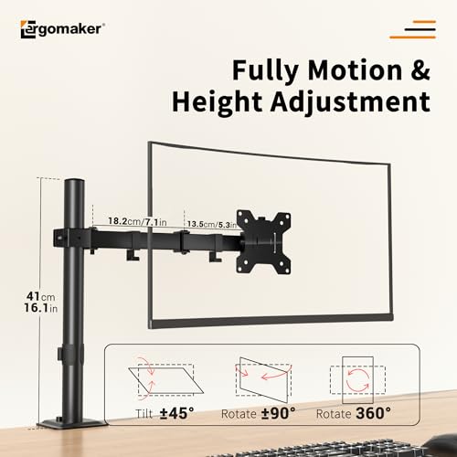 Image of ERGOMAKER Fully Adjustable Single Monitor Arm for Screen up 13 inch to 27 inch | Monitor Mount with Steel Frame Supports Up To 10KG; Two mounting options and Adjustable Tilt /Rotation For Optimal Viewing