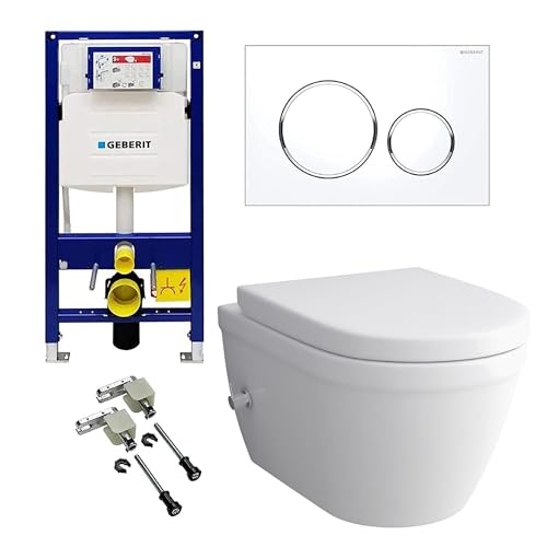 Alpenberger Hänge WC Komplettset | Taharet WC mit Armatur | WC Sitz mit Absenkautomatik | Spülkasten Bausatz Betätigungsplatte | Vorwandelement WC Set Komplett | Passend Geberit (8250 U)
