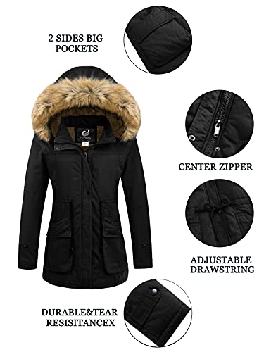 Cherfly Women's Winter Coats Hooded Puffer Jackets Fleece Lined Parka With Fur Trim (Black,Xx-Large) #TOP5