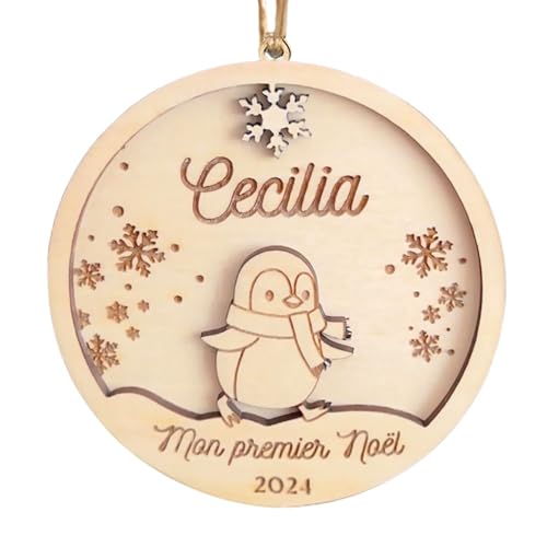 Boule de Noël Pingouin Personnalisée Bois Gravé – Premier Noël 2024 Bébé Naissance, Décoration Sapin Enfant Famille Thème Animaux Polaires, Cadeau Souvenir Unique Joyeux Noël