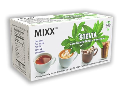 Image of Mixx Stevia Sugar Free Natural Sweetener! Zero Calorie - Zero Fat -Zero Carb - Zero worries! Diabetic Friendly! 100 Sachets -1 Pack