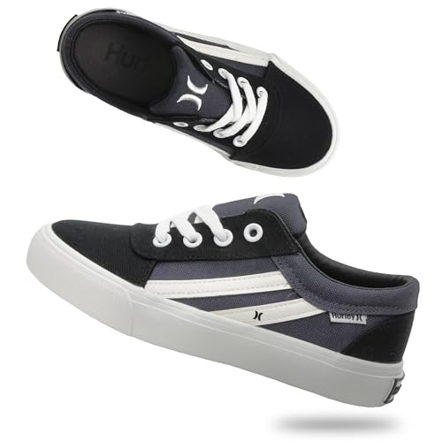 Hurley Boardy Lace-up Skateboard Shoe - Low top Lace-up Sneaker - Fashionable Skater Shoe for Boys & Girls - Lightweight Classic Casual Kids Skates Black Grey White
