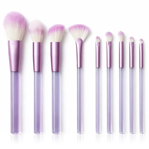 Image of GLUN 9in1 Diff Use Mini Makeup Brush Set, Travel Transparent Purple Professional Brushes for Foundation, Concealer, Blush, Highlighter & Eye Makeup
