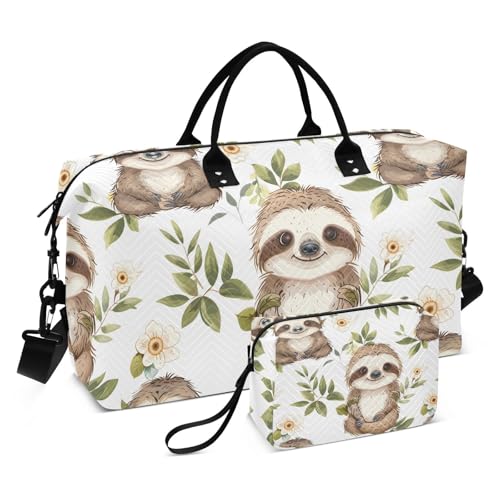 Cute Baby Sloth White Flowers Travel Duffle Bag,Large Weekender Travel Bag for Women Men Waterproof Luggage Bag with Trolley Sleeve,Airplane Travel Essentials for Flying