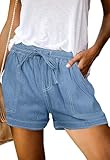 ONLYSHE Women Juniors Summer Casual Fashion Frayed Raw Hem Tencel Ripped Drawstring Elastic Waist Denim Jean Shorts with Pockets Blue-S