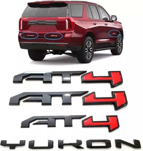 Image of 4Pc Door Rear AT4 Yukon Emblems Letters 3D Badge Nameplate Replacement for 2021-2024 Yukon Yukon XL (Gloss Black Red)