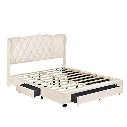 Polibi 4-Pieces Bedroom Sets,Queen Size Beige Upholstered Bed With Three Drawers,High Gloss Mirrored 2-Drawer Nightstands And 6-Drawer Dresser,Bedroom Furniture Set #TOP1