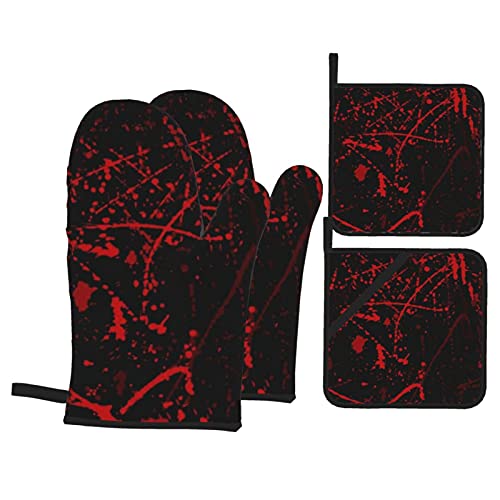 Oven Mitts and Pot Holders 4pcsSeamless Pattern with Blood Stains BBQ Gloves with Quilted Liner Resistant Hot Pads for Kitchen Cooking Grilling