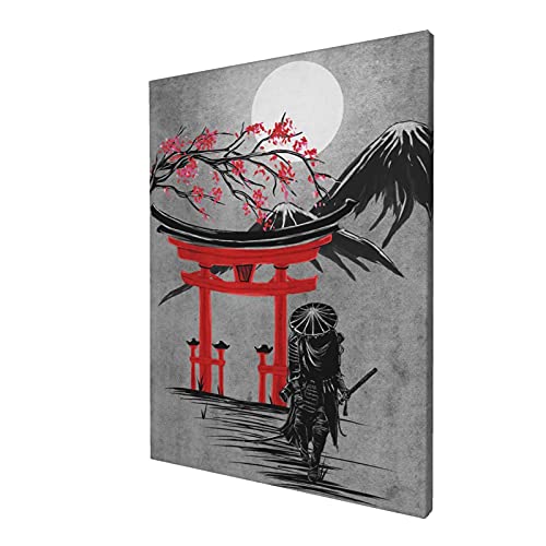 Armored Samurai Canvas Wall Art Torii Canvas Painting For Wall Cool Prints For Home Office Sakura Pictures Modern Japanese Culture Artwork Poster Framed Wall Decor For Bedroom Living Room 12X16 Inch #TOP5