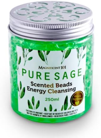 MAGNIFICENT 101 Pure Sage Scented Beads in 8.5-oz Lidded Jar; for House Energy Cleansing, Purification, Air Freshening & Odor Elimination; Great for Office, Yoga Studio or Apartment Housewarming Gift
