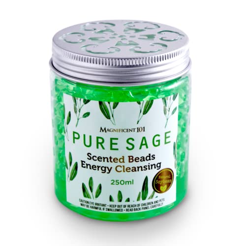 Magnificent 101 Pure Sage Scented Beads In 8.5-Oz Lidded Jar; For House Energy Cleansing, Purification, Air Freshening & Odor Elimination; Great For Office, Yoga Studio Or Apartment Housewarming Gift #TOP3