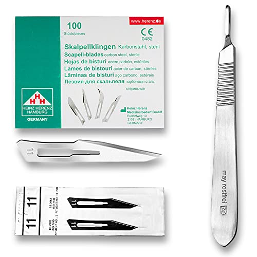 Set avec 100 x lames de scalpel N° 11 - Lame stérile en acier au carbone et 1 x manche de scalpel Figure N° 3 en acier inoxydable
