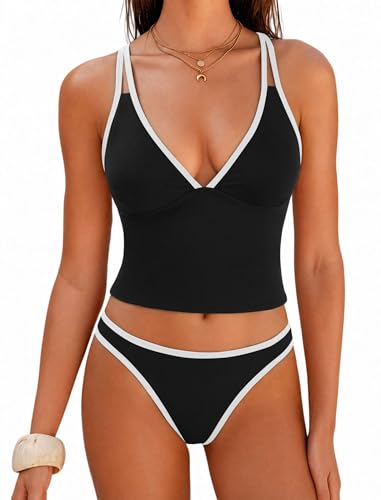 Image of ZAFUL Tankini Swimsuits for Women V Neck Dual Straps Cropped Bikini Swimsuit High Cut 2 Pieces Bathing Suit
