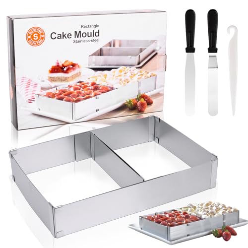 Dncvb Cadre de cuisson rectangulaire réglable de 5 cm de haut - De 27 x 18 à 52 x 33 cm - Avec palette d'angle - En acier inoxydable - Pour pâtisserie,...