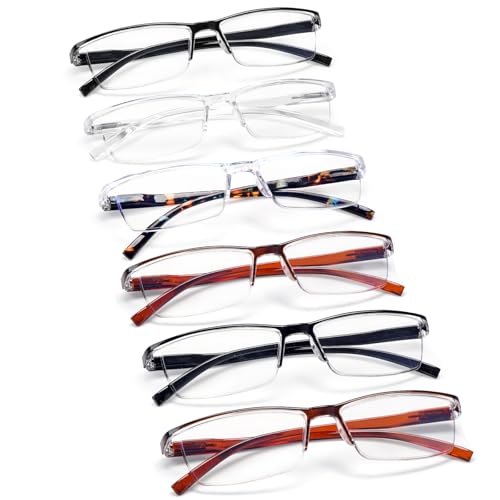 VIDEBLA 6 pack Reading Glasses Men Spring Hinge Blue Light Blocking Half Frame Ultra-Light Readers Comfortable Fit with TR90 (A1-6 Pack Mix, 1.50, x)