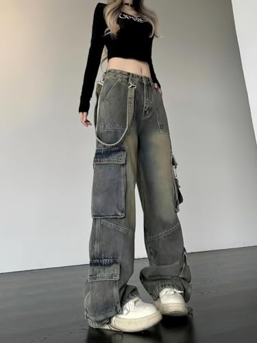 Baggy Cargo Jeans for Women Y2K High Rise Multi Pockets Wide Leg Jeans Trousers Street Grunge Denim Cargo Pants2