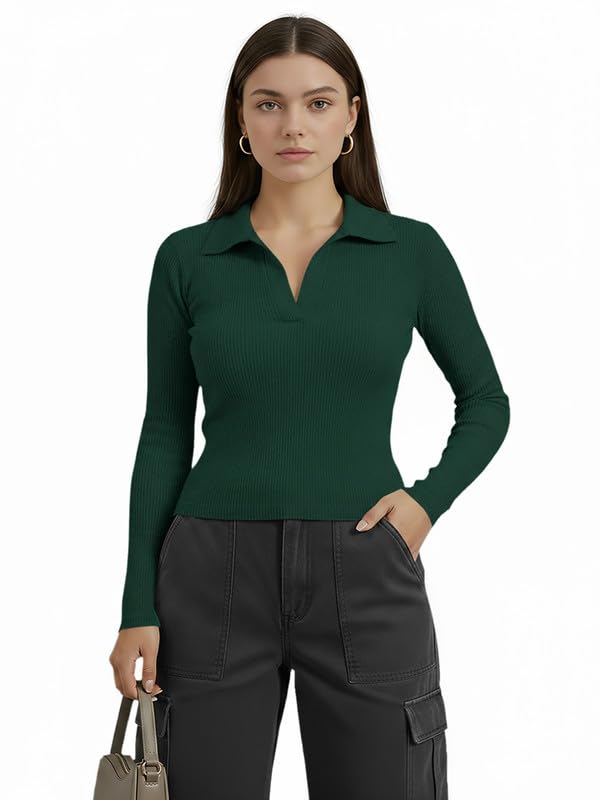 Image of Dream Beauty Fashion Women's Collared Neck Long Sleeve Slim Fit Casual Tee Top for Woman