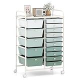 Giantex 15 Drawers Rolling Cart, Classroom Organizers, Storage Cart with Wheels, for Teacher Office Home School Supplies Tool Craft Art Paper, Green Gradient