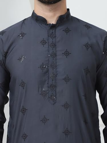 Image of SOJANYA (Since 1958 Men's Cotton Silk Sequinned Neck Embroidered Kurta with Black Pyjama