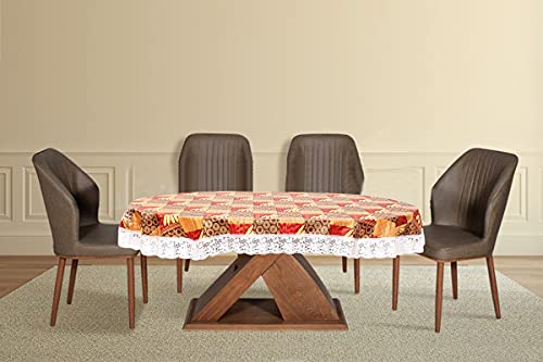 Image of The Furnishing Tree Waterproof PVC Oval Shaped 10 Seater Table Cover WxL 60x120 inches Surface Pattern Yellow with White Border lace