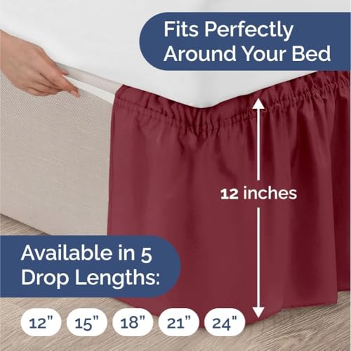 Image of Bed Skirt - Wrap Around Dust Ruffle Bed Frame Cover with Easy Fit Elastic Strap, Single Size 12 Drop, Microfiber Pleated, Machine Washable |Burgundy, (48inchx72inch)