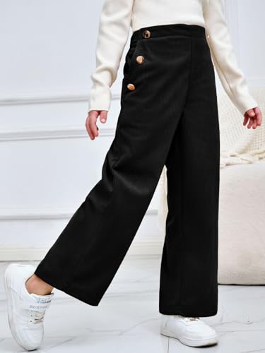 Image of Haloumoning Girls Wide Leg Corduroy Pants Kids Elastic Waist Gold Button Trousers with Pockets 5-14 Years
