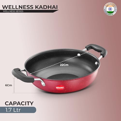 Image of JENSONS Premium Wellness Red Non-Stick Kadhai | Cool Touch Bakelite Handles | Pure Grade Iron| PFOA Free|1.7 litres Capacity | Size 22 cm Kadai |